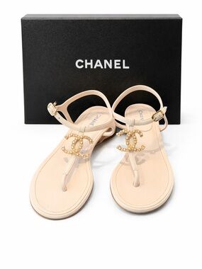Authentic Chanel Women's White Sandals flats with Gold Accents